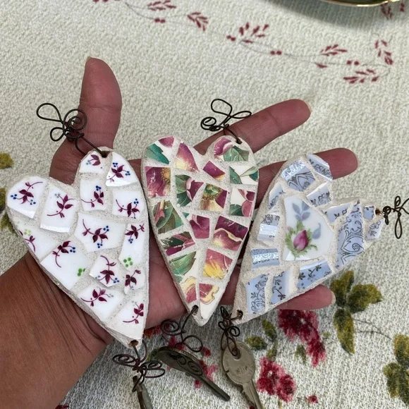 Mirror & 3 Heart Key holders Mosaic China wall art Handmade Victorian Cottage